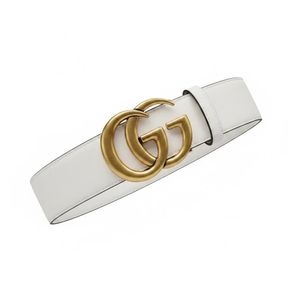 Gucci Marmont White leather belt with antique brass Gold GG buckle